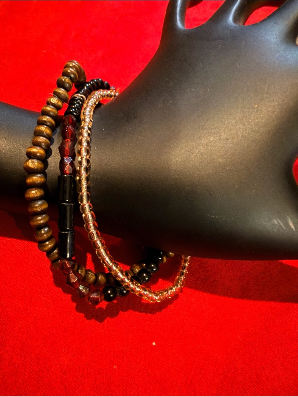 Layered Black and Brown Beaded Stretch Bracelet Set with Gold Accents